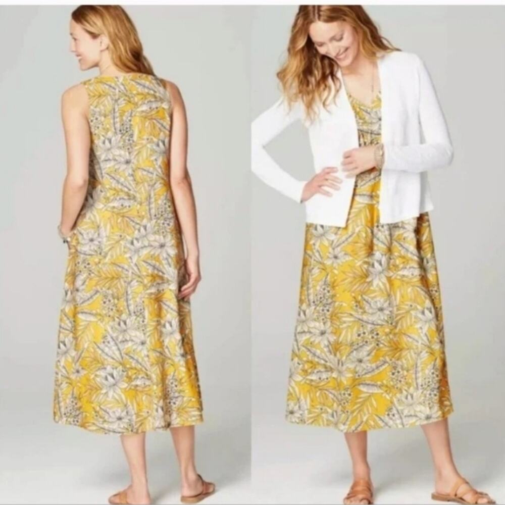 J. Jill Linen Midi Dress XS Yellow Daisy Floral Vibrant Tropical Vacation Resort